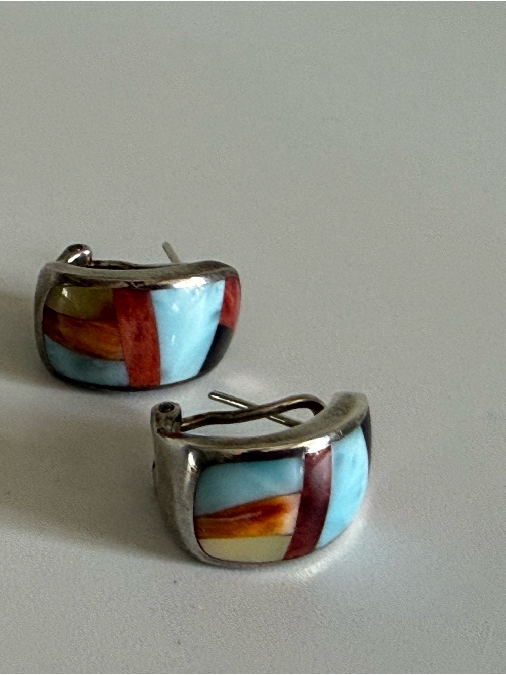 VTG Sterling Silver Inlay Hoop Earrings in Turquoise, Red and Black